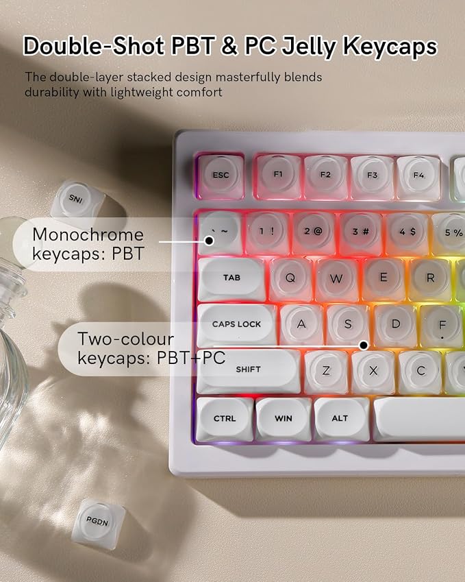 PBT Keycaps, MOA Profile White Jelly Keycaps, 129 Keys Cute Custom Key caps for MX Switches Mechanical Keyboard, Compatible with 60%, 65%, 75%, 96%, Full-Sized Layout