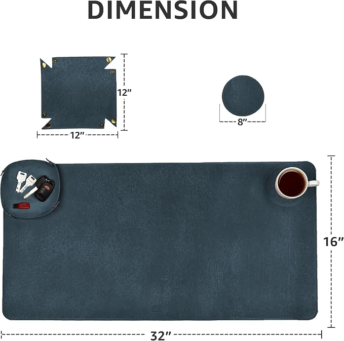 LEATHER VILLAGE Real Leather Desk Pad 3mm Thick Double Layer Desk Mat Blue | 32''x16'', Cover Blotter Large Full Grain Protector for Keyboard, Mouse & Laptop, Office Table Mat & Desktop Accessories