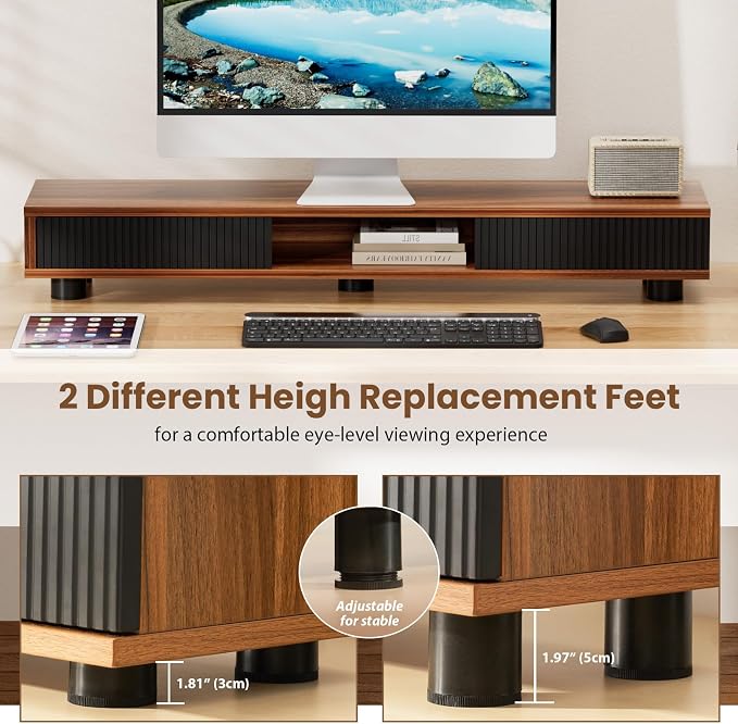 Artswish Dual Monitor Stand with Power Outlet, 42" Walnut Monitor Riser | Built-In Power Outlet, Drawer & Sliding Door Storage, Ergonomic Viewing Height, Walnut Wood Finish, For Office Work & Study