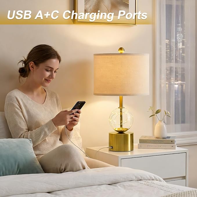 Oneach 20.5" Small Bedside Table Lamps for Bedroom Nightstands, Gold Glass Modern Table Lamps Set of 2 with USB A+C Charging Port, Night Light, Luxury Lamps for Living Room End Table(Bulbs Included)