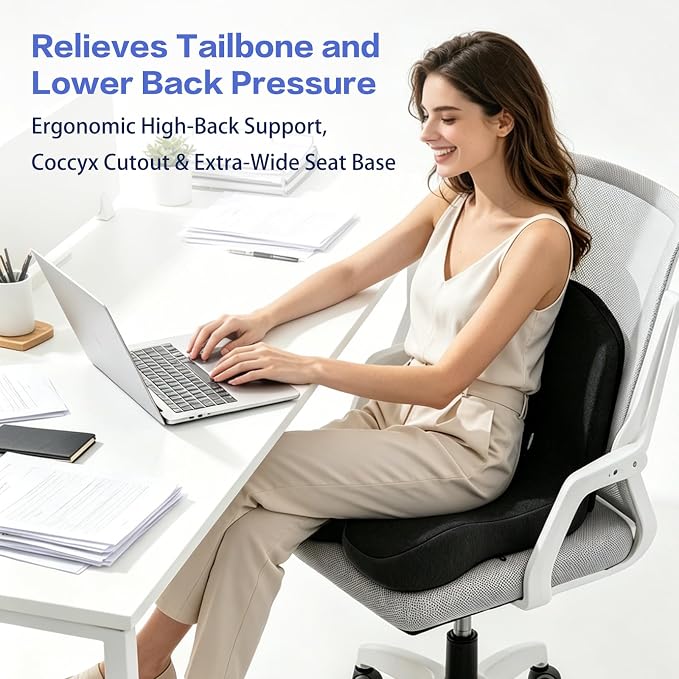 Back and Seat Cushion for Office Chair, Black | Wide ergonomic memory foam, coccyx cutout & adjustable straps, tailbone & back relief, non-slip for car, home & gaming