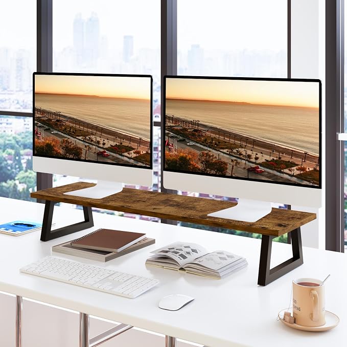 TEAMIX 31.5 inch Dual Monitor Stand Riser, TV Riser, Wood Desk Organizer | For 2 Monitors/Laptop/Printer, Long Computer Stand, Wood & Steel, Holds 150 lbs, PS5/Keyboard Storage, For Home Office Gaming