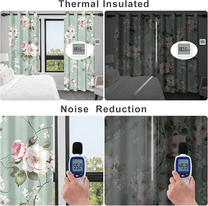 Blackout Curtains for Girls Bedroom, Pink Floral Room Darkening Curtains 84 Inch Length 2 Panels Set, Grommet Thermal Insulated Soundproof Privacy Winter Black Out Curtains for Living Room