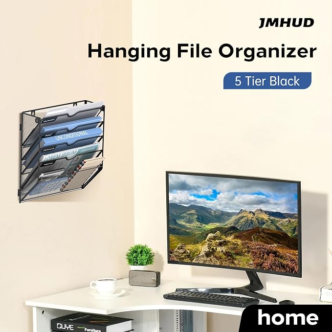 5 Tier Wall Hanging File Organizer, Paper Folder Holder Wall Mounted, Metal Mail Sorter for Office Home School, Black