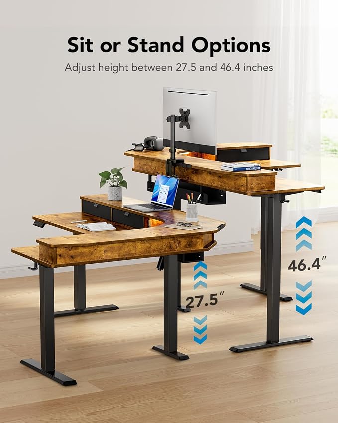 HUANUO 65″ L Shaped Standing Desk with 3 Drawers, Vintage Brown | Built-in Power Outlets, LED Strip, Smooth Electric Height Adjustment, 4 Memory Presets, 220 lbs Capacity, Power Strip Holder