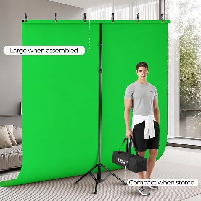 EMART Green Screen Backdrop Kit with Reverse Folding Base, 7x8ft Photo Greenscreen Background with Portable T-Shape Stand and 6 Clamps for Photography, Photoshoot, Studio Video Recording, Streaming