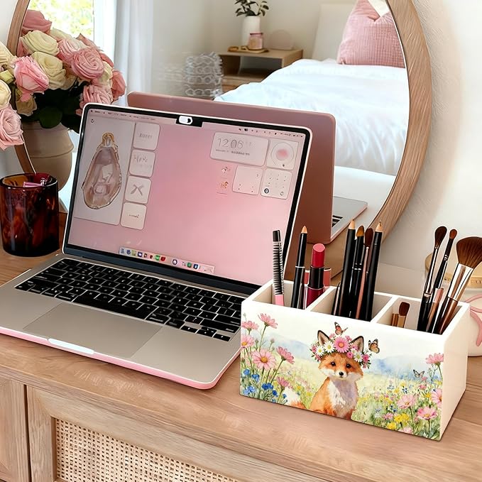 Fox Pen Pencil Holder for Desk Accessories, Fox Gifts for Women, Animal Lovers Gifts, Rustic Butterfly Flower Wild Animal Wooden Box Sign Decorations for Kids Room Home Office Desk Tabletop