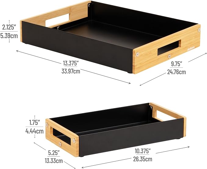 Mind Reader Metal and Wood Tiered Desktop Organizer Trays with Cutout Handles, Stackable Office Storage, Office, Entryway, Coffee Station and Home Organization, Metal and Wood, Set of 2, Black