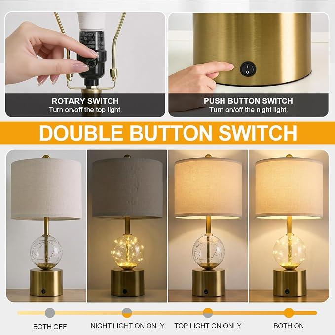 Oneach 20.5" Small Bedside Table Lamps for Bedroom Nightstands, Gold Glass Modern Table Lamps Set of 2 with USB A+C Charging Port, Night Light, Luxury Lamps for Living Room End Table(Bulbs Included)
