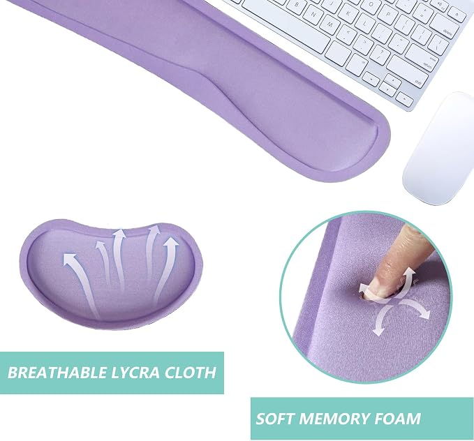 Keyboard Wrist Rest Mouse Wrist Support Set, Memory Foam Wrist Rest Pad for Computer Laptop Keyboard Mouse, Ergonomic Wrist Cushion Support for Typing Pain Relief, Gaming Home Office, Purple