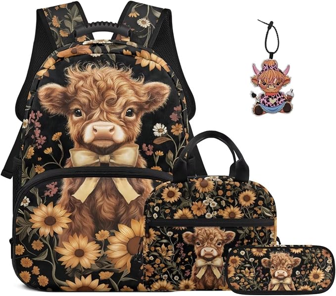 ZFRXIGN Highland Cow Kids Backpack for Boys Bookbag with Cute Pendant 17inch Girls Elementary School Bag and Insulated Lunch Box Pencil Case Back to School Stuff