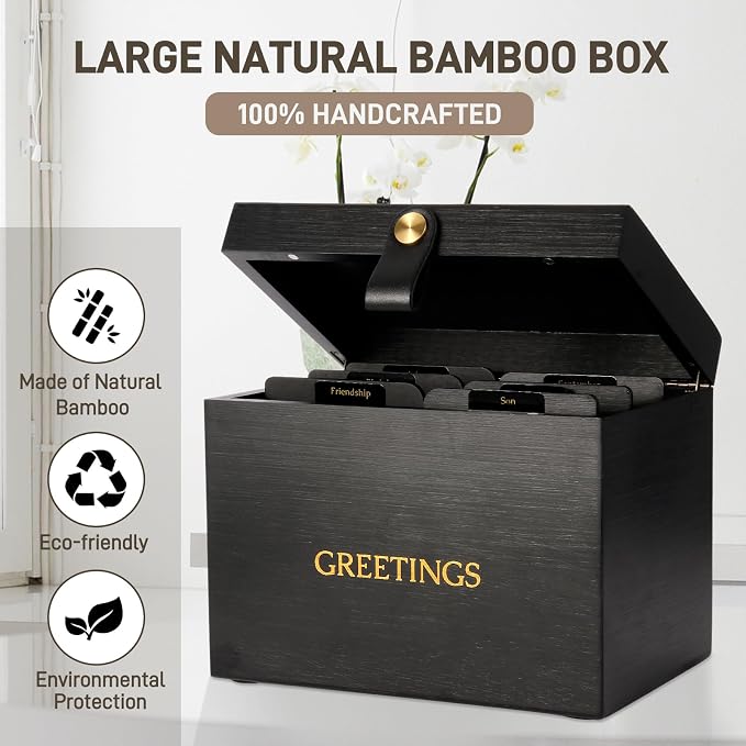 Large Bamboo Greeting Card Organizer Box with 6 Removable Dividers, Real Leather Handle, 100% Handmade Solid Bamboo, Storage Box for Christmas, Valentine, & Birthday Cards, Postcards, Stationery& More