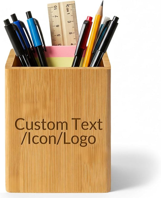 Personalized Wooden Pencil Holders & Pen Holders, Custom Pencil Cups for Desk, Unique Gifts for Colleagues Teachers Students Friends (Bamboo - Square)