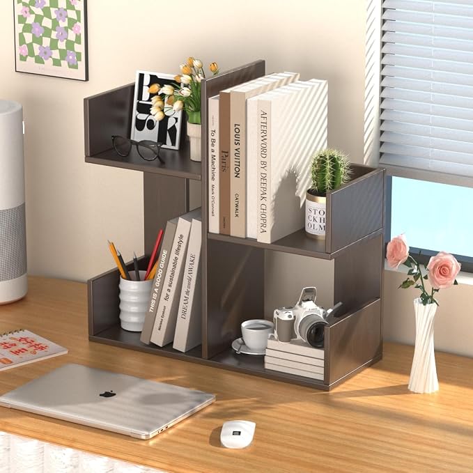 Modern 2-Tier Desk Bookshelf, Short Book Organizer, Display Shelf & Desktop Storage Rack, Space-Saving Desk Bookshelf for Books, Decor & Small Items, Brown