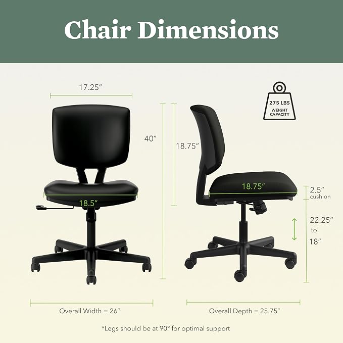 HON Volt Ergonomic Office Chair with Bonded Leather Seat and Back, Armless Desk and Computer Chair with Adjustable Center‑Tilt Recline and Wheels for Home Office or Workstation, Black