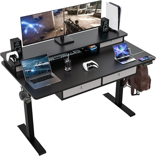 55 * 30 Inches Electric Standing Desk Adjustable Height with 4 Drawers, Double Storage Shelves Stand Up Desk, Home Office Workstation Sit Stand Desk (Classical Black)