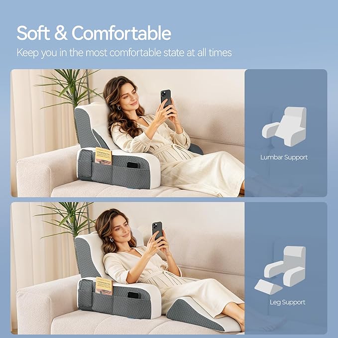 Kayfia Reading Pillow, Gel Memory Foam Back Rest Pillow, 21'', White | 3 Storage Pockets, Dual-Use Back Leg Support Pillow, Detachable Armrests, Ideal for Reading, Gaming, Working on Bed & Couch