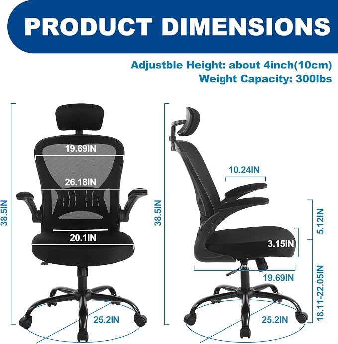 Youhauchair Adjustable Mesh Ergonomic Office Chair with Wheels, Black | Flip-up Arm, Lumbar Support, Height Adjustable, Breathable, Rocking, Mid Back Swivel Compurter Chair with Headrest, Set of 1