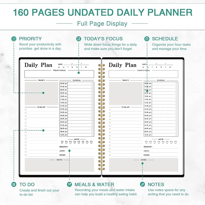 Daily Planner Undated, To-Do List Notebook with Hourly Schedule, Spiral Appointment Organizer Calendar for Man / Women, Flexible Cover, Twin-Wire Binding Elastic Closure, Pocket Pen Loop, 160 Pages