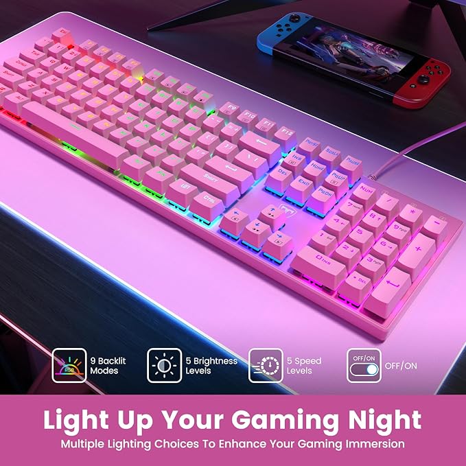 RisoPhy Mechanical Gaming Keyboard, RGB 104 Keys Ultra-Slim Backlit USB Wired Keyboard with Blue Switch, Durable ABS Keycap/Anti-Ghosting/Spill-Resistant Mechanical Keyboards for PC Mac Xbox Game,Pink