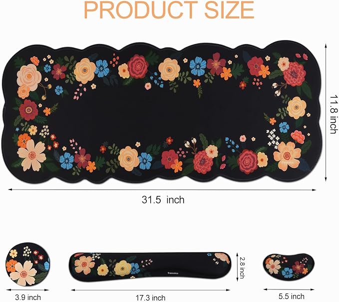 Petmolico Desk Pad Set with Wrist Rest for Keyboard & Mouse, Black Floral | Anti-slip PU base, durable Lycra & memory foam, relieves wrist fatigue, perfect for work, home & daily use