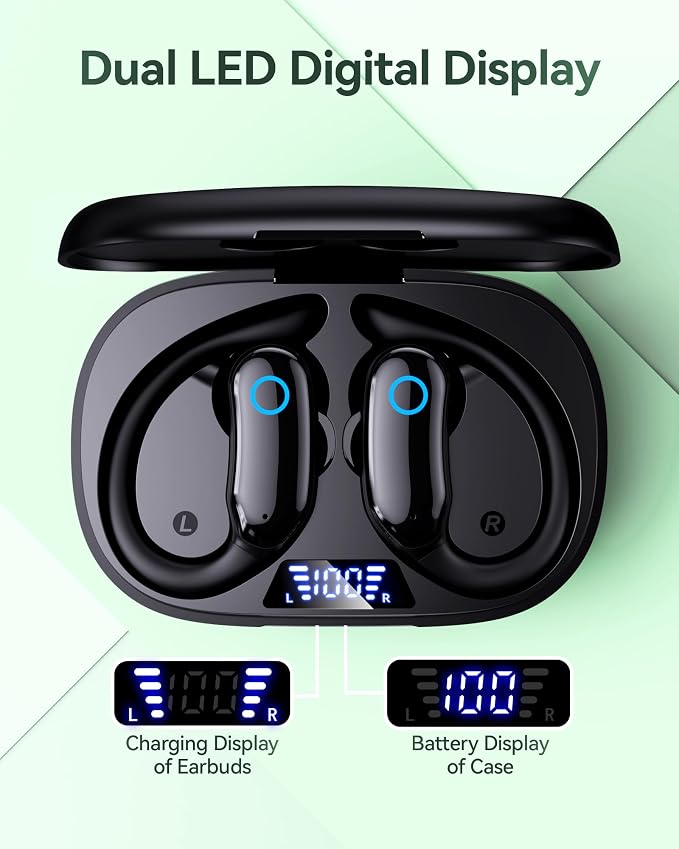 GNMN Active Noise Cancelling Ear Buds Wireless Earbuds 96hrs Playback Bluetooth Headphones Dual Battery Display Stereo Bass Earphones with Earhooks Microphone IPX7 Waterproof for Sports/Runing/Workout