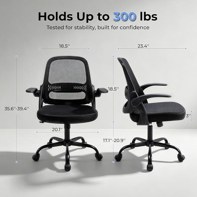 Ergonomic Mesh Office Chair for Home Office, Flip-Up Arms, Breathable Mesh Back & Thick Seat Cushion, Swivel Rolling Computer Desk Chair, BIFMA Certified, Supports 300 lbs (Black Frame/Black Seat)