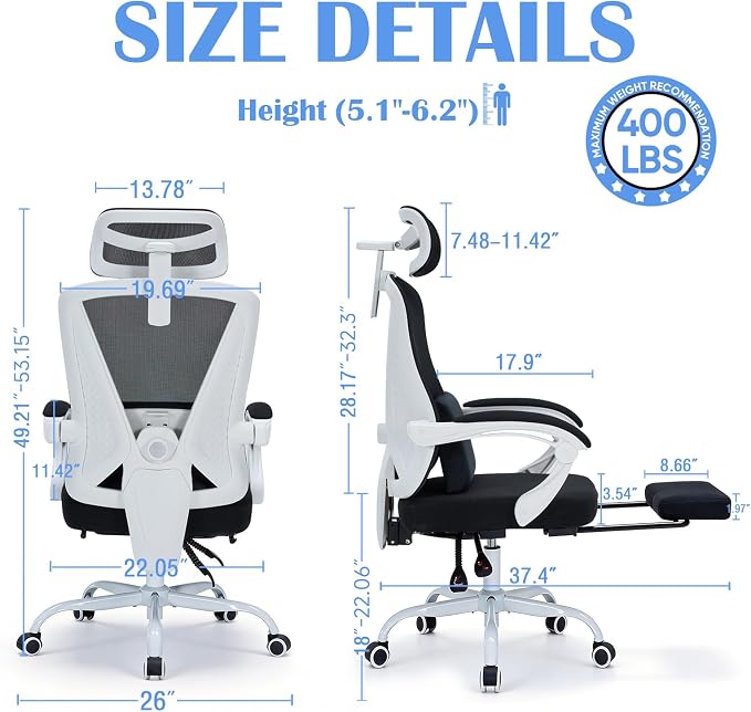 Ergonomic Home Office Chair with Footrest - Adjustable Lumbar Support & 3D Headrest, 90-160° Reclining Mesh High-Back Rolling Work Swivel Computer Chair-400lbs Capacity (White & Black)