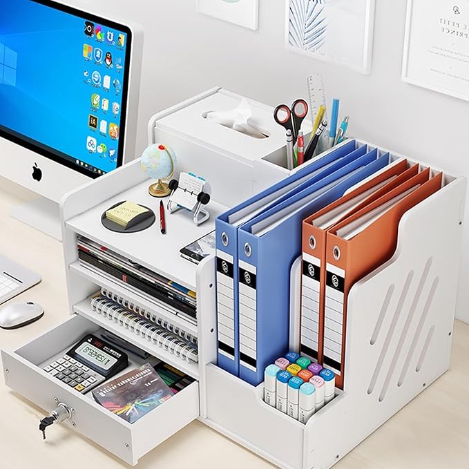 Bamboo Desk Organizer, Desktop Wood Bookshelf File Organizer, Pen Holder and Tissue Holder, 1 Drawer with lock for Office, Home, Need to Install (White)