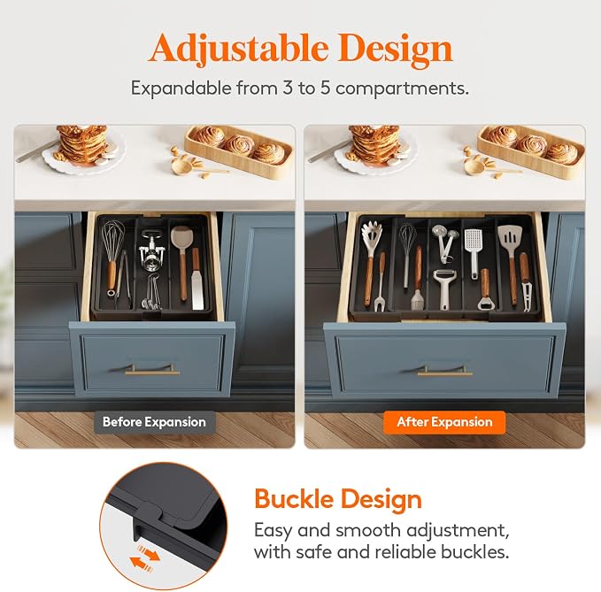 Lifewit Utensil Organizer for Kitchen Drawers, Expandable Cooking Utensil Tray, Adjustable Cutlery Silverware Flatware Holder, Plastic Spatula Tools Storage Divider, 11-18 x 14", Black