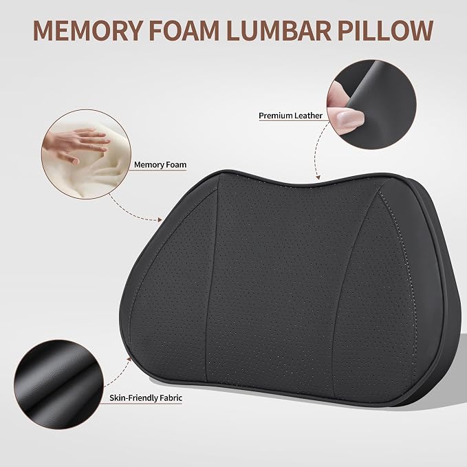 Car Lumbar Support Pillow for Driving Seat, Black, 1 Pack | Leather Memory Foam Lumbar Cushion for Lower Back Pain Relief, Universal Back Support for Driving, Home & Office Chairs