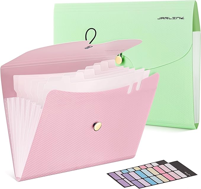 JARLINK 7 Pockets Expanding File Folder, A4 Accordion File Folders with 12 Labels, Cute Paper Organizer, Portable Document Organizer for College School Office Supplies, Macaron Pink & Macaron Green