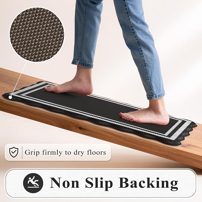 KIMODE Kitchen Mats Cushioned Anti Fatigue,Farmhouse Kitchen Rugs Sets of 2 | Black Scalloped Rugs, Runner Rug Non Slip, Comfort Standing Desk Mat for Laundry Office Bathroom Sink Dorm 17"x47"+17"x29"