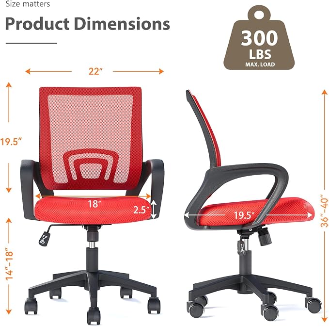 OS MOTOR Ergonomic Mid-Back Mesh Office Chair (Red) | Lumbar Support, Adjustable Height, Swivel Rolling Design, Comfy Armrest, Home, Office, Work, Study, Gaming, Vanity