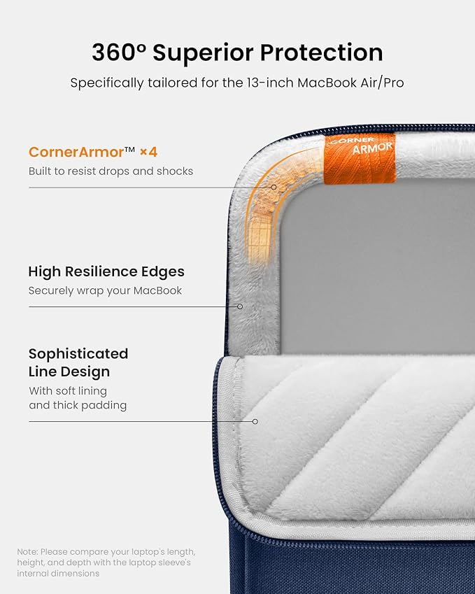 tomtoc 360° Protective Laptop Sleeve for 13-inch New MacBook Air M5/A3449 (2026) M4/A3240, M3/A3113, M2/A2681, M1/A2337, Water-Resistant Computer Case Bag Fits 13" MacBook Neo A18 & MacBook Pro M2/M1