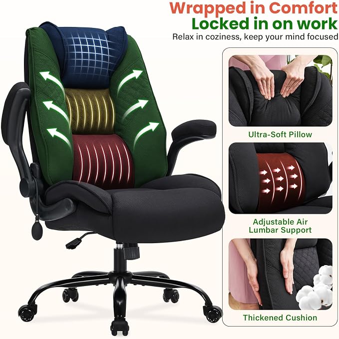 CIOMAN 500lbs Big and Tall Office Chair with Inflatable Lumbar Support, Rubber Wheels Executive Chair with Rocking Function, High Back Wide Cushion Ergonomic Desk Chair for All-Day Sitting,Matte Black