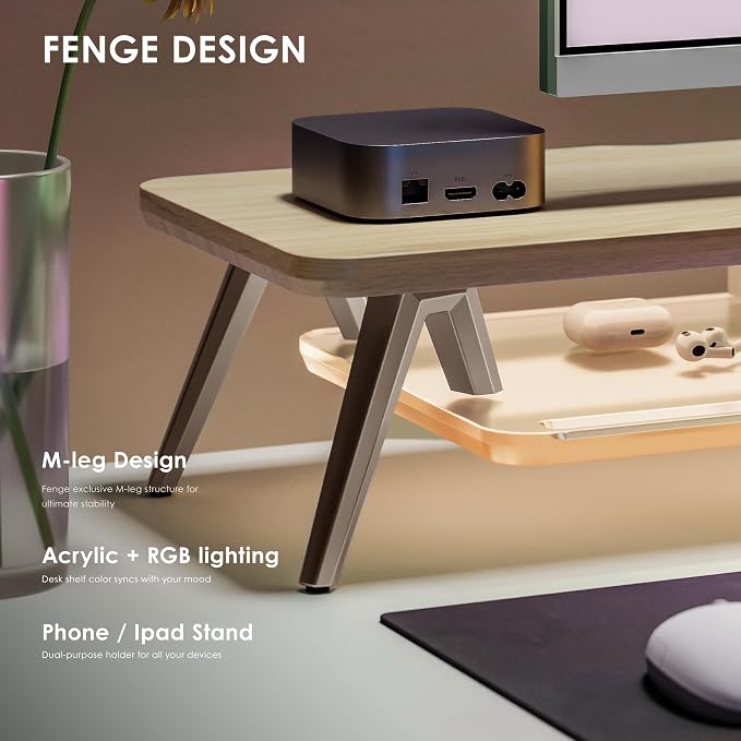 Fenge Dual Monitor Stand with 8-Mode LED Lights and Frosted Shelf, Oak | Sturdy Aluminum Legs, Built-In Phone & Tablet Slot, 2-Tier Storage, 42.5-Inch Desk Shelf for Gaming, Home Office & Streaming