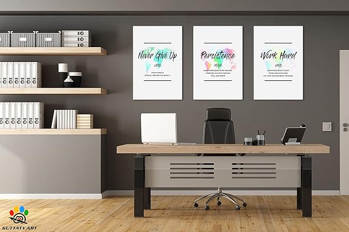 Inspirational Wall Art, Office Pictures for Wall Decor, Motivational Canvas Wall Art for Men, Never Give Up - Persistence - Work Hard Entrepreneur Quote Framed Artwork for Workplace Decor 24”x36”x3Pcs