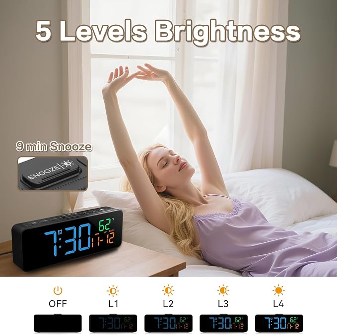 Netzu 3-in-1 Digital Clocks for Living Room, Small & Compact Alarm Clock | Temperature, Date & Time Display, 4 Birghtness, 3 Volumes, Plug-in, for Bedroom, Office