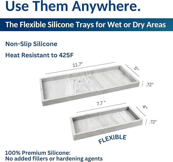 Countertop & Vanity Silicone Tray – 2 PC (11.7" & 7.7") Set | Bathroom Tray & Kitchen Soap Tray Set, Bathroom Counter Tray, Kitchen Sink Dish Soap Tray for Countertop Organization