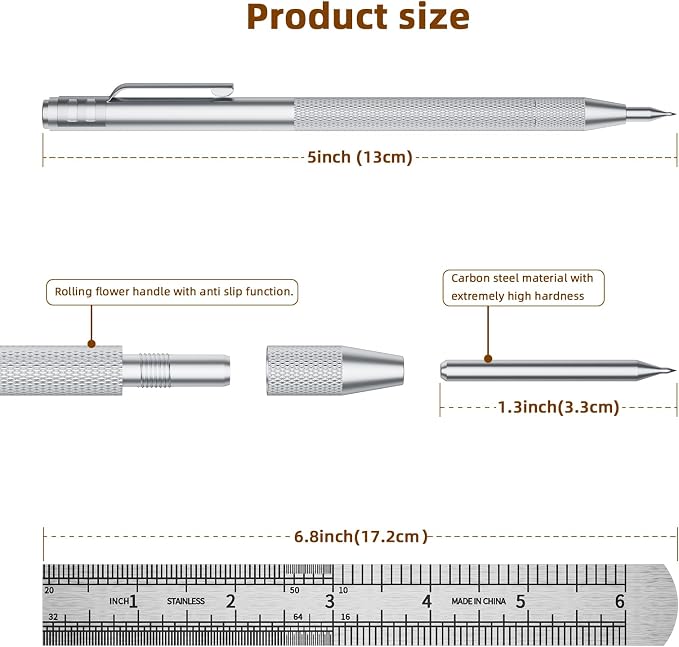 GCHMDE 5-Pack Tungsten Carbide Scriber, Metal Scribe Tool with 25 Replacement Marking Tips & Steel Ruler - Knurled Aluminum Handle & Magnet, Engraving Pen for Glass/Ceramics/Metal Sheet (5)