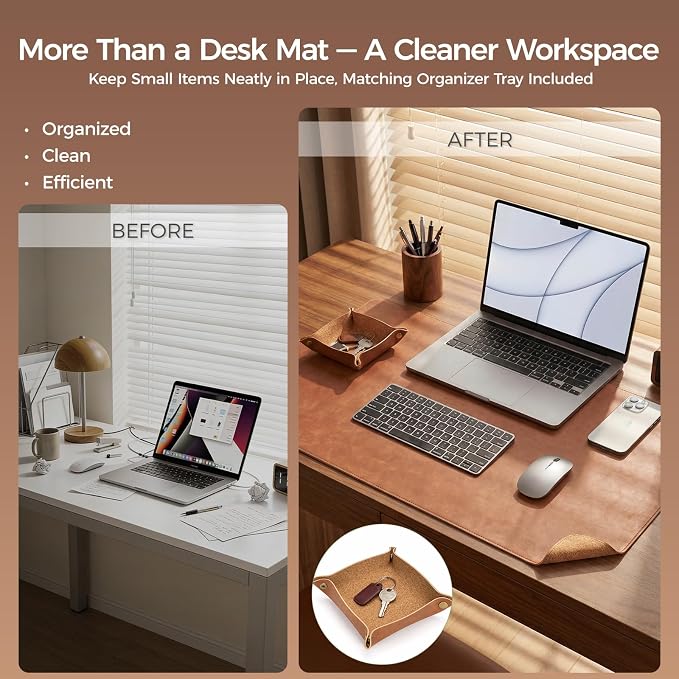 Premium Faux Leather Desk Mat & Tray Set，Innovative Cork-Look Printed Base，Gift Tube Packaging，Full-Desk Coverage，Non-Slip Desk Pad for Office Home（Cognac Brown）