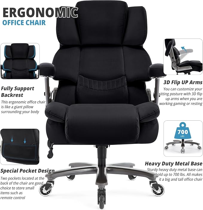VUZI 700lbs Big and Tall Office Chair, Large Executive Wide Desk Chair | Adjustable Lumbar Support for Back Pain, Plus Size Wheels, 3D Flip Arms, Heavy Duty Metal Base, Wide Seat Computer Chair
