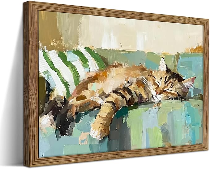 Vintage Abstract Cat Canvas Wall Art, Cute Tabby Cat Sleeping on Sofa Poster, Impressionist Oil Painting Style Picture Prints, Modern Funny Wall Decor for Living Room Bedroom Kids Room 16x24in Frame