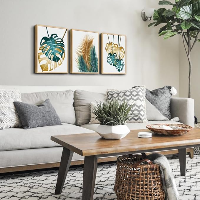 Natural Wood Framed Wall Art For Living Room Wall Decorations For Bedroom Kitchen Wall Decor Dining Room Leaves Painting Abstract Wall Pictures Artwork Bathroom Home Decor 3 Piece Framed Art Prints