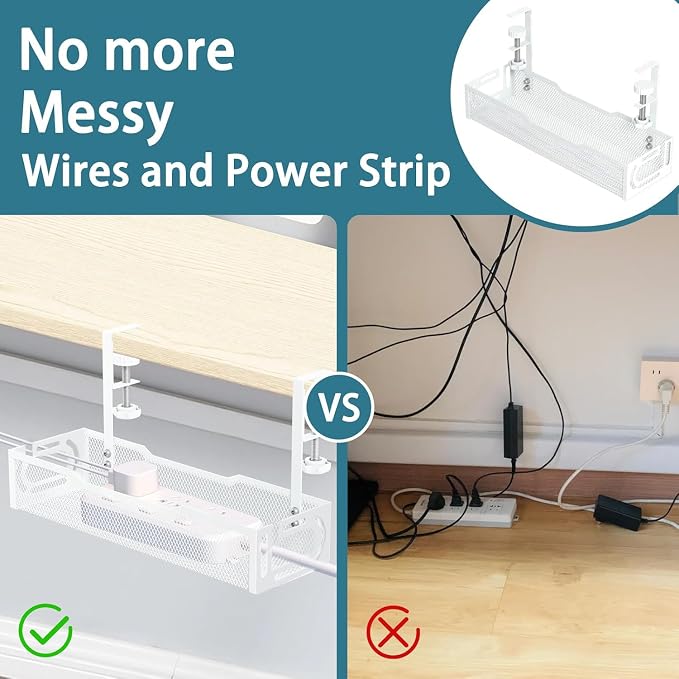 2Pack Under Desk Cable Management Tray, No Drill Mesh Desk Cable Tray | Wire Management Tray Cable Management Rack, Cord Organizer and Cable Management Box (White)