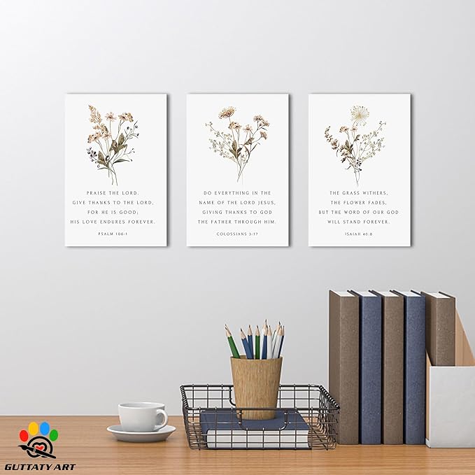 3 Piece Inspirational Canvas Wall Art - Jesus Scripture Wall Art for Religious Wall Decor, Motivational Quotes Plant Print Pictures, Bible Poster Framed Artwork for Christian Office Decor 12”x18”x3Pcs