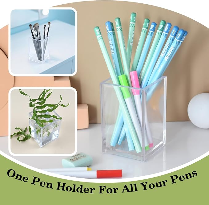 10 Pack Clear Acrylic Pen Holders For Desk, Pencil Cup Makeup Brush Holders | Square Acrylic Pen Cups For Pens, Markers And Makeup Brushes; Desktop Organizer For Office, School, Home And Vanity Supplies
