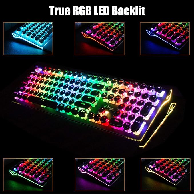 RK ROYAL KLUDGE S108 Typewriter Mechanical Keyboard, Full RGB Gaming Keyboard, Wired PC Game Keyboards with Number Pad and Detachable Wrist Rest, Retro Round Keycaps, Brown Switches Black