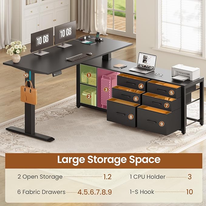 SEDETA L Shaped Electric Standing Desk with 6 Fabric Drawers, 55" x 55" Height Adjustable Office Executive Desk with Storage Shelves, Stand up Computer Desk with Power Outlet (Black)